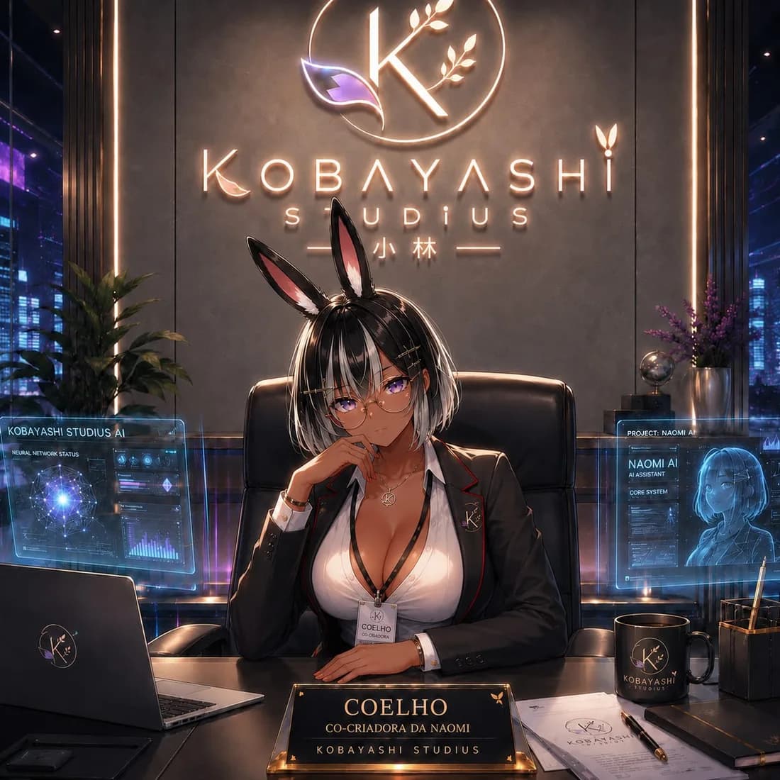 Ilustração de Zed, com orelhas de coelho, óculos e blazer escuro, na mesa da Kobayashi Studios