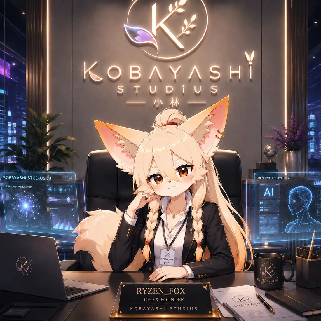 Ilustração de Ryzen_Fox, uma raposa loira de blazer escuro, na mesa de CEO da Kobayashi Studios