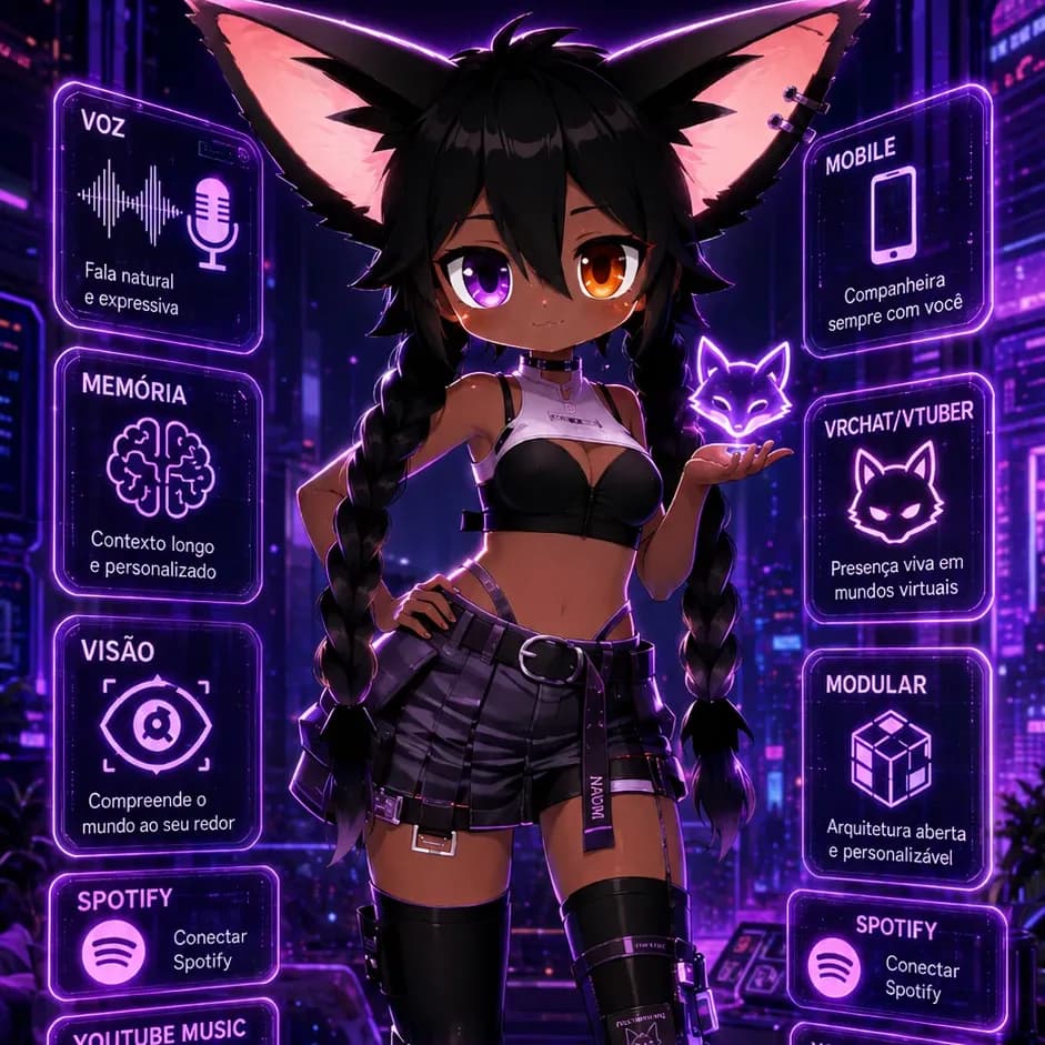 Arte da Naomi cercada por painéis neon com os recursos dela: voz, memória, visão, mobile e VRChat